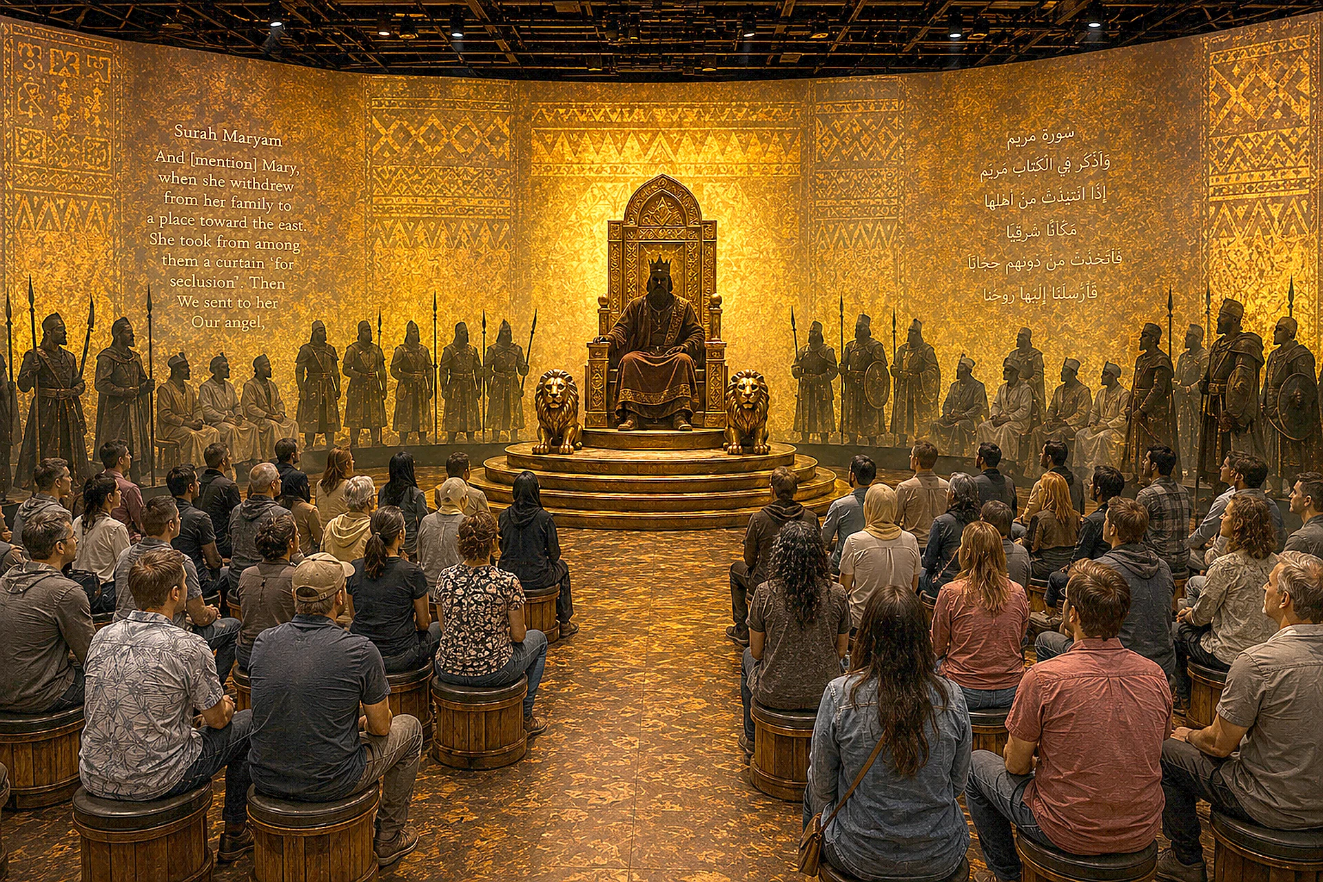 Golden court of Najashi with carved detail and warm light