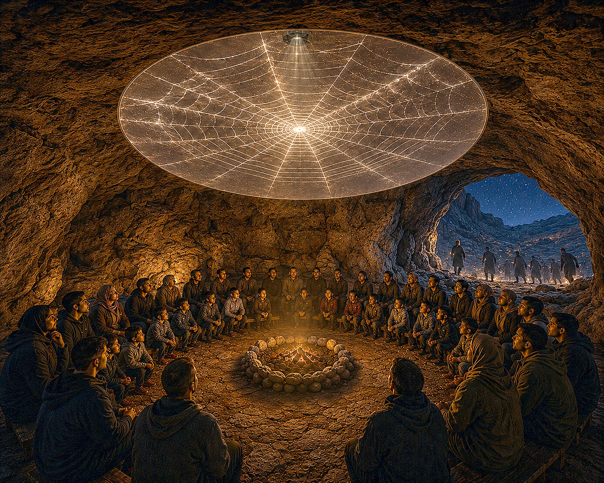 Cave of Thawr with a glowing spider web at its mouth
