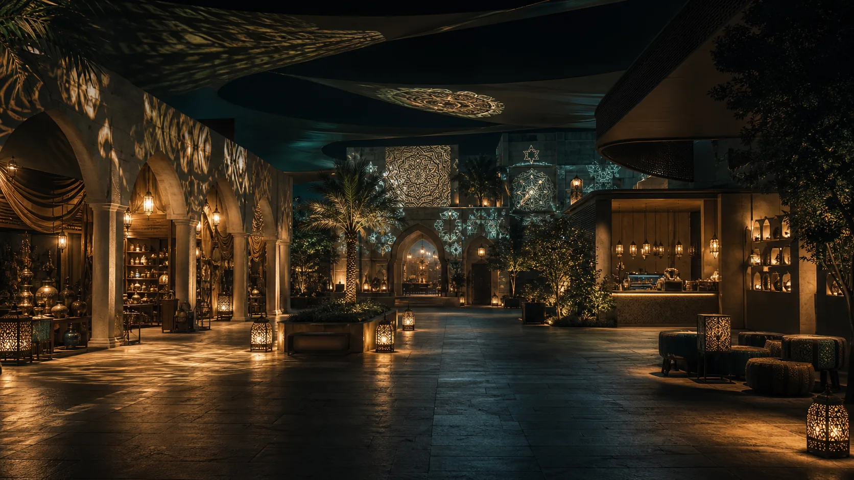 Medina-inspired courtyard with warm architectural lighting