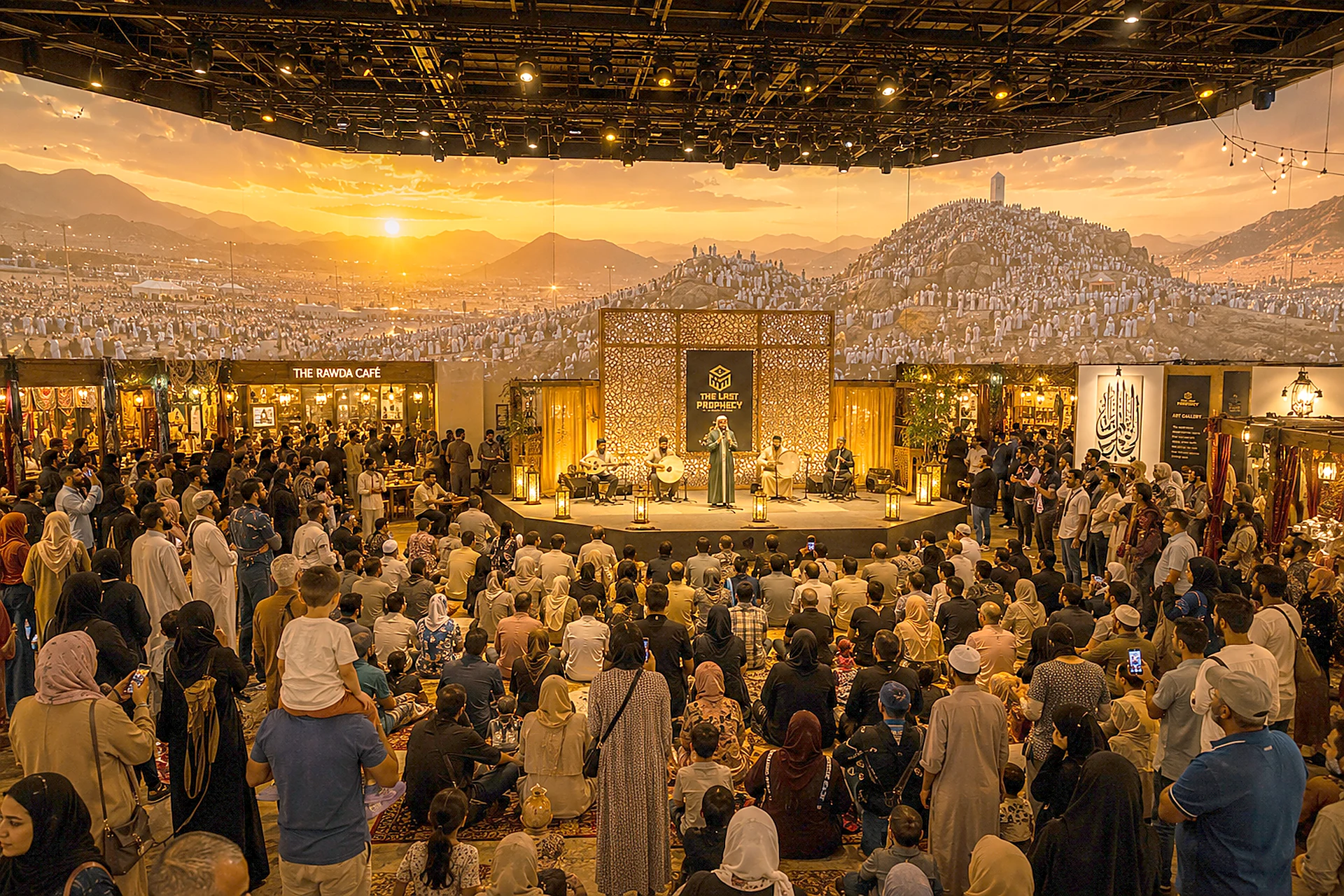 Sunset gathering hall of the Medina courtyard at golden hour