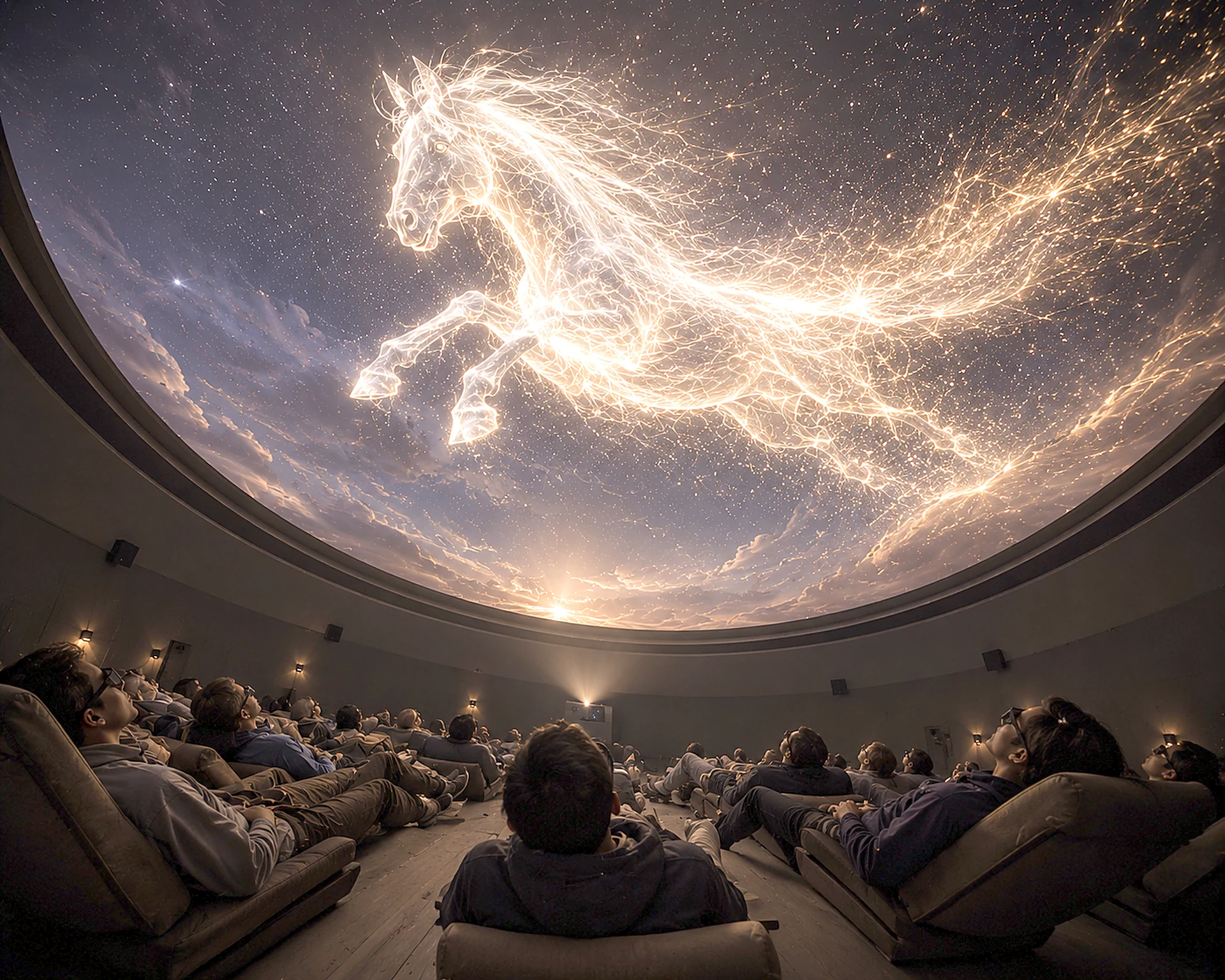 Luminous celestial horse across a starfield dome